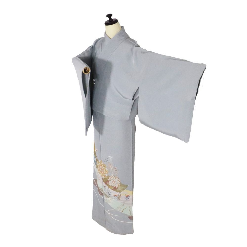 BY★1828★ 色留袖 袷 正絹 ライトグレー 落款入り 唐風の柄 正統派古典 ライトグレー/ニュアンスカラー 牡丹柄 くすみ系