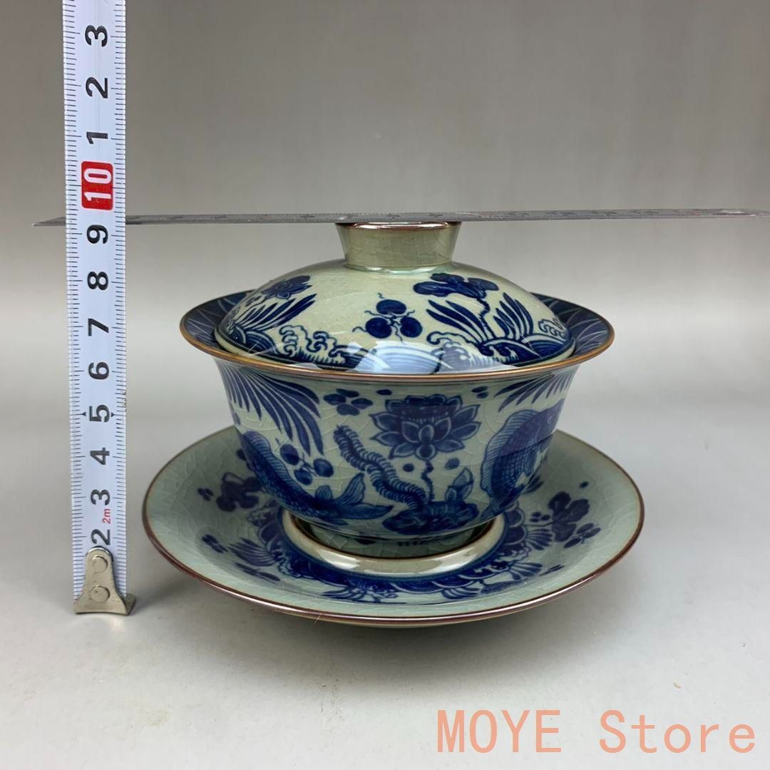 中国茶器 景徳鎮 陶磁器 鯖藻紋開片三才蓋碗 茶道具 工芸品 置物