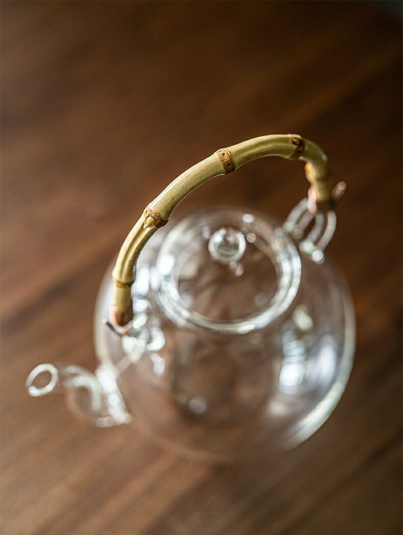 ガラスケトル 900ml 耐熱 ガラス ティーポット 竹の持ち手 まんまる