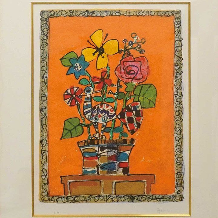 NO 43 ポール アイズピリー オレンジの背景の赤い と黄のひなげし 版画 具象系 静物画 額付き 箱あり 絵画