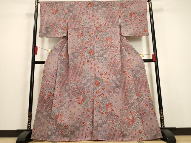 平和屋着物□上質な小紋 更紗孔雀花文 鬼しぼ縮緬 正絹 逸品  