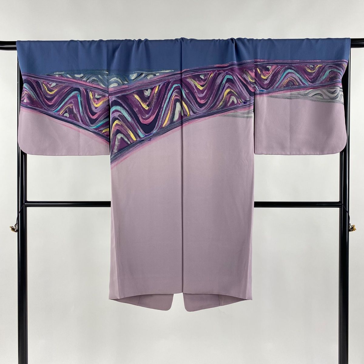 道行 身丈108cm 裄丈69cm L 和装コート 被布衿 三本賢 幾何学模様 染め分け 紫 正絹
