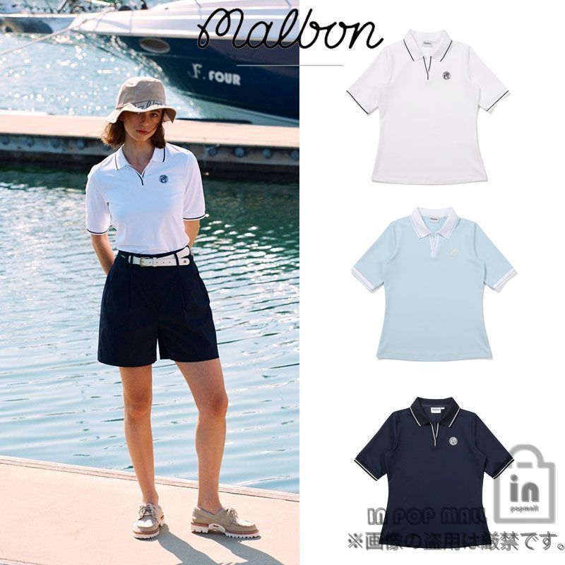 malbon golf マルボンゴルフ ポロシャツ ゴルフウェア 半袖 レディース スポーティー ゴルフ 練習用 レディース メンズ人気 通気性 吸汗速乾 ホワイト ブルー ネイビー
