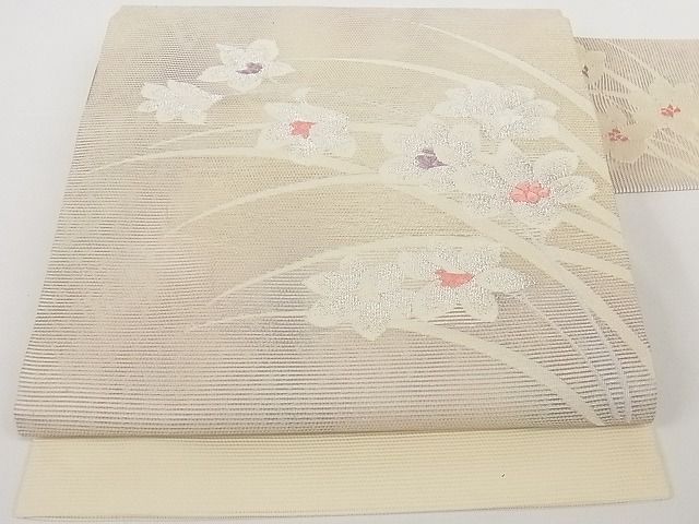 平和屋-こころ店■夏物　九寸名古屋帯　草花文　韓紅色　銀通し地　正絹　逸品　A-ms1198