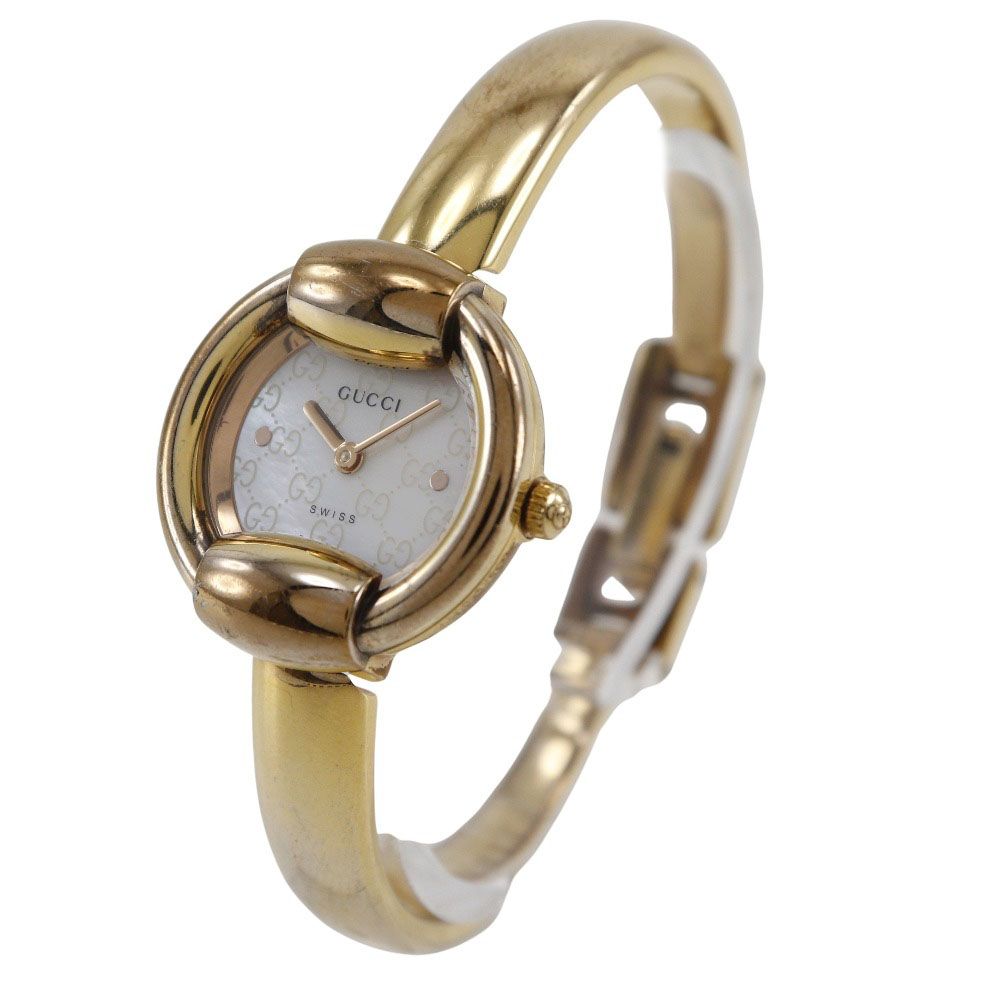 GUCCI グッチ 1400L 金メッキ×ステンレススチール クオーツ アナログ表示 レディース ホワイトシェル文字盤 腕時計