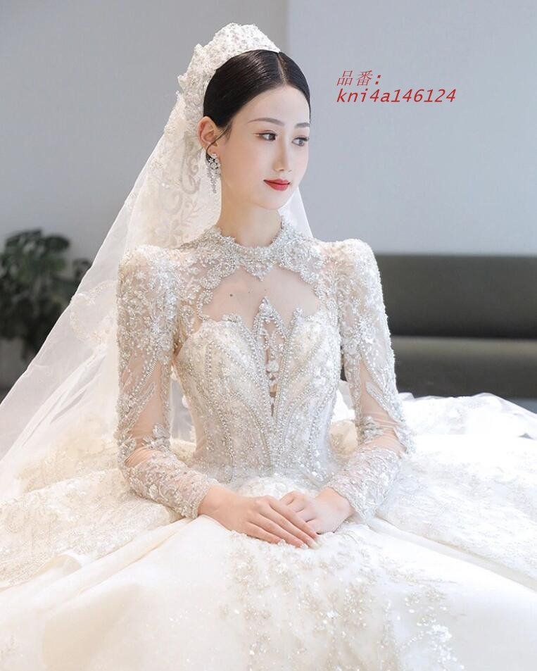 ウェディングドレス 白 長袖 立ち襟 トレーンドレス 結婚式ドレス スパンキラキラ 袖あり ロングドレス 二次会ドレス 花嫁ドレス 素敵 ブライダルドレス kni4a146124 MAAHADDERANG_COM