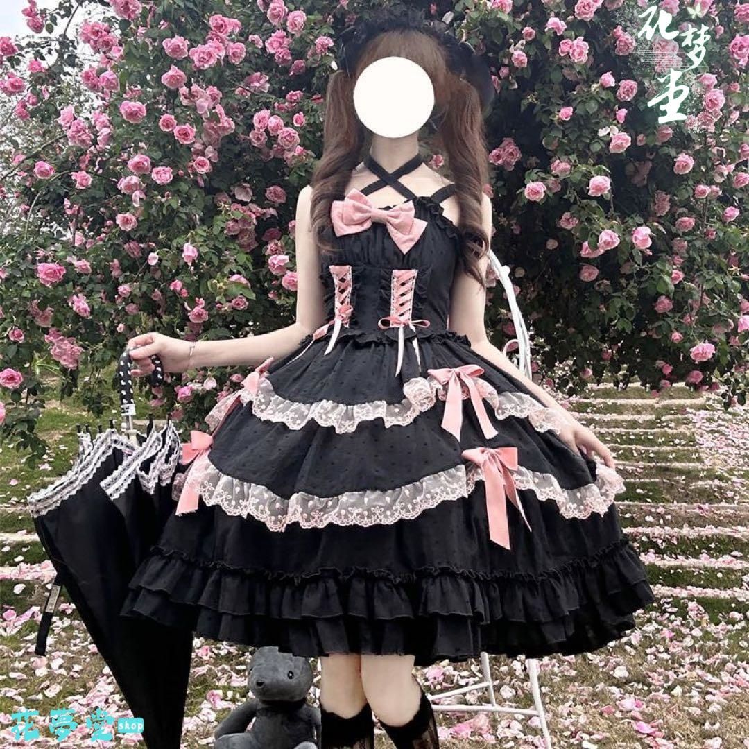 25年 ロリータロリータセット 仮装 ゴスロリドレス クリーム色 黒 ピンク かわいい 撮影会 舞台 イベント 花夢堂-60