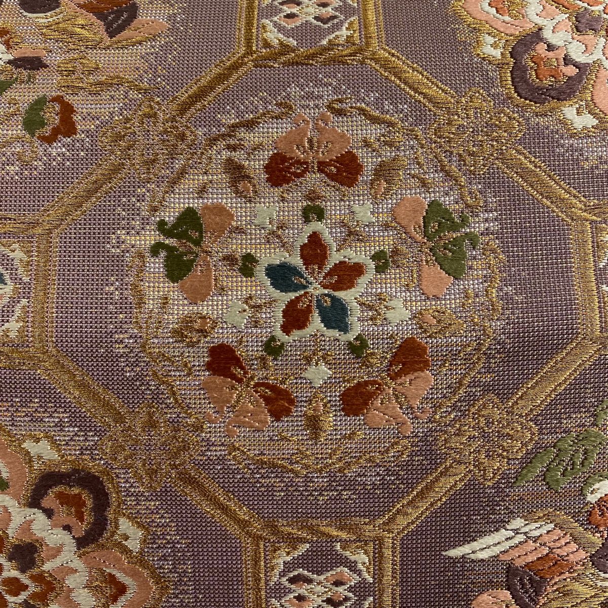 袋帯 美品 秀品 蜀江華文 鳥 刺繍 金糸 灰紫 六通 正絹 【中古 