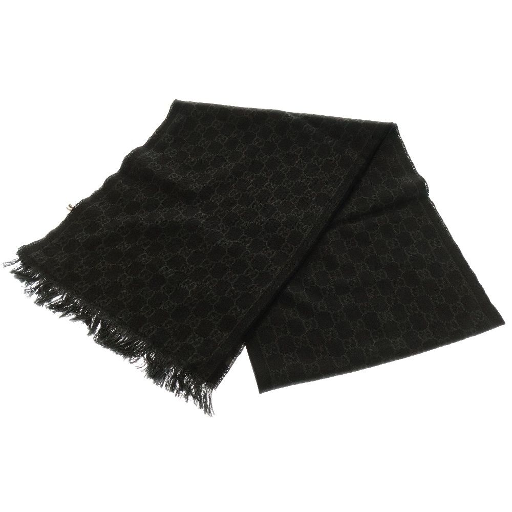 GUCCI グッチ GG総柄フリンジ付ウールマフラー ブラック 100995