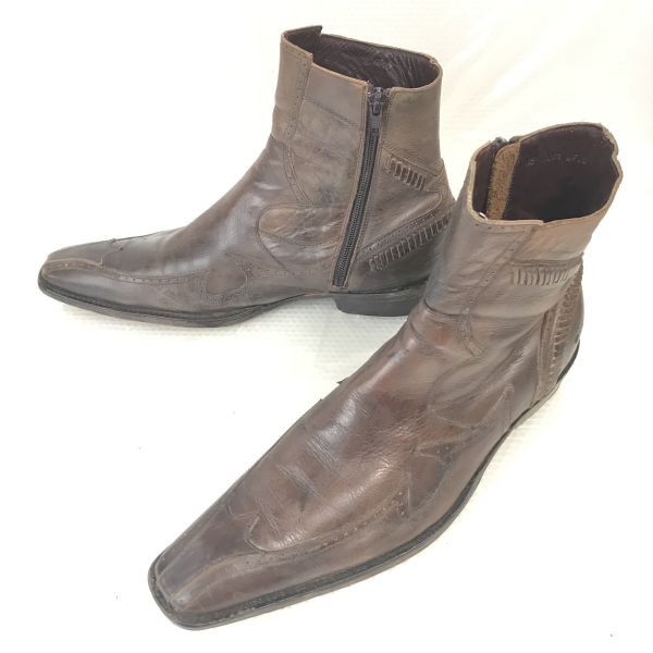 ケンゾー|KENZO 本革|サイドジップ|ショートブーツ 26.0-26.5-27.0|茶|BROWN 職人ハンドメイド|オールレザー|T05-1283|Shoes bWB71-9