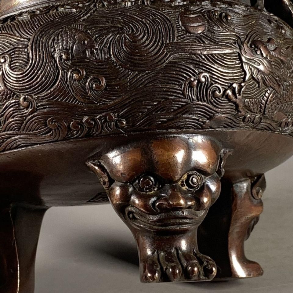 三足鼎 双耳九龍熏香炉 彫刻 置物 開運 金運 風水 工芸品 美術品