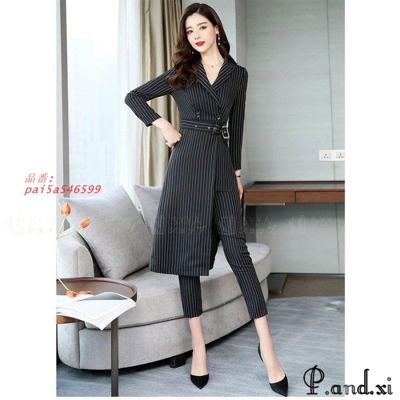 セットアップ スリムパンツ 春秋 ストライプ スリム パンツドレス カジュアル フ 裾 オフィス キレイめ 長袖 通勤 着痩せ 大人 pai5a546599