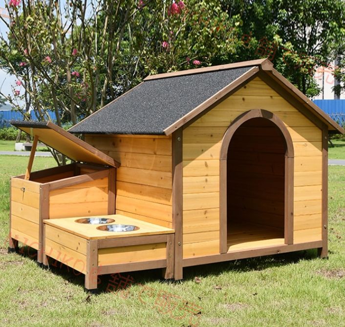 大型サイズの木製犬小屋 大型犬用の犬用クレート アスファルト屋根のフードボウル 水入れ付きキャビンスタイルの高床式犬用シェルター