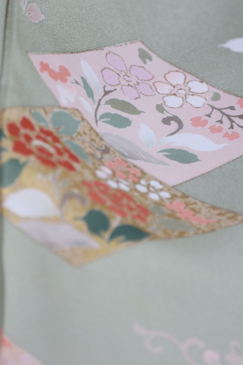 訪問着 若草色 ゴールド 緑 ブルー 桜色 花 京友禅 T513 - メルカリ 