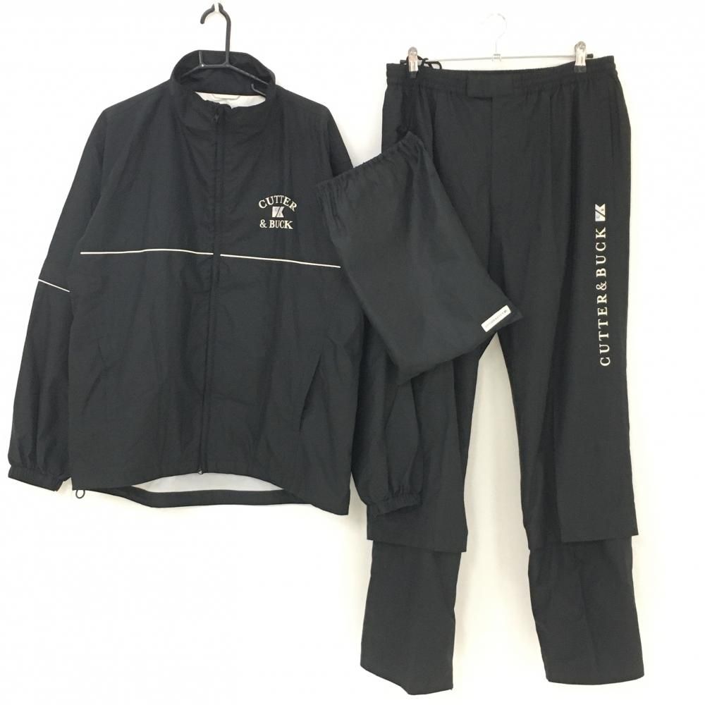 カッターアンドバック レインウェア 上下セット(2WAYジャケット×パンツ) 黒×白 袖着脱可 収納袋付  メンズ LL ゴルフウェア CUTTER＆BUCK