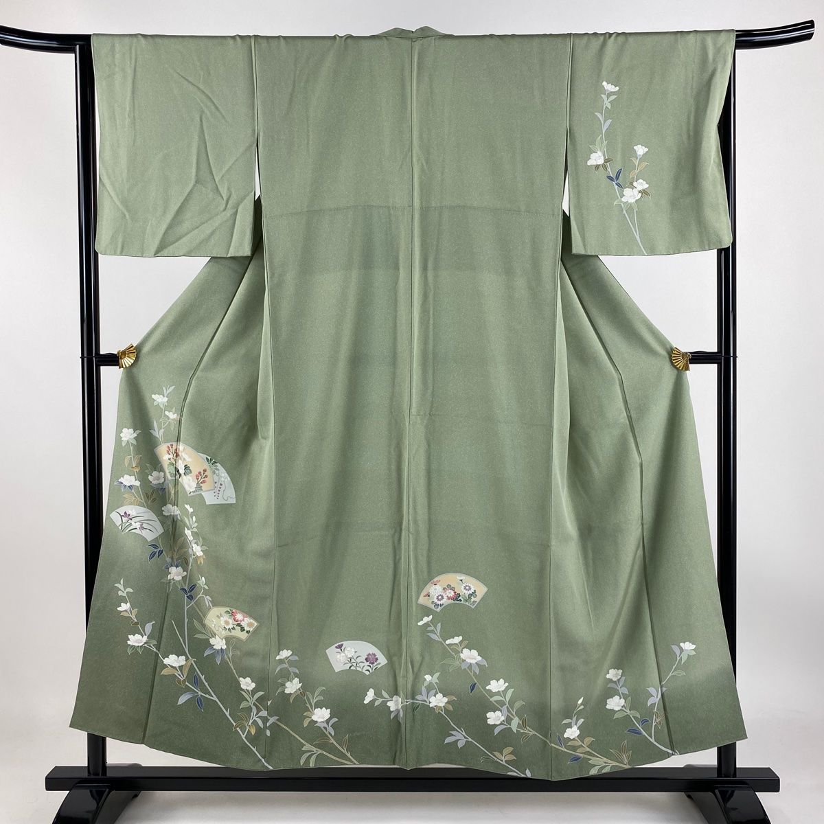 訪問着 身丈153cm 裄丈65cm M 袷 ますいわ屋 扇面 枝花 裾ぼかし 灰緑 正絹 秀品