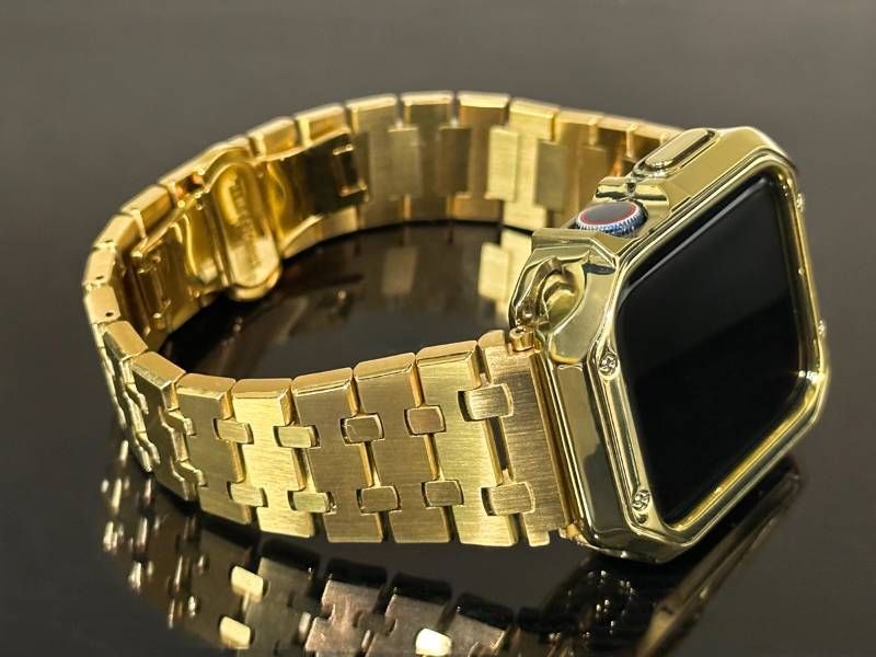 鏡面ゴールドアップルウォッチバンド 316Lステンレススチールベルト メッキ加工TPUケース Apple Watch 保護カバー 極厚シリコン 38mm40mm41mm42mm44mm45mmm46mm49mm全シリーズ全サイズ対応 メンズ・レディ