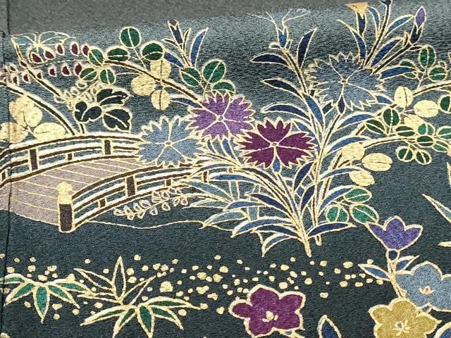 恵】159x 着物 訪問着 流水に扇・橋・草花文様 暈し 金彩 銀彩