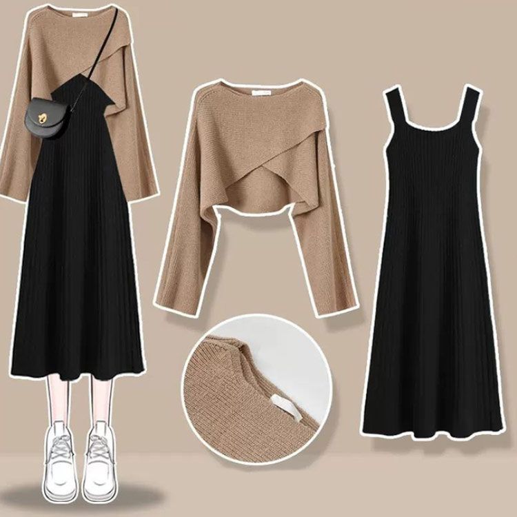 長袖 秋 セットアップ ワンピース ニットセーター ニット レイヤード ニットセットアップ 2点セット カジュアル XL ロングワンピース レイヤード 冬 シンプル ゆったり M L 春 2XL 3X mcqgkd0642