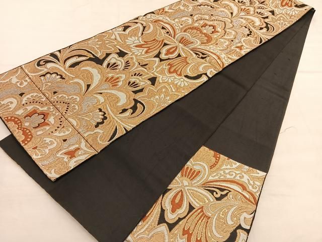 平和屋着物◎六通柄 京袋帯 飾花文 黒地 金銀糸 正絹 逸品