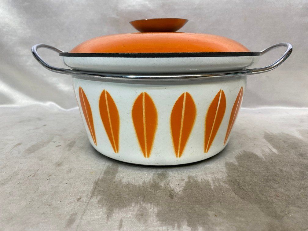 60s 70s CATHERINEHOLM キャサリンホルム ヴィンテージ Lotus ロータスシリーズ 蓋つき ホーロー両手鍋 オレンジ ホワイト