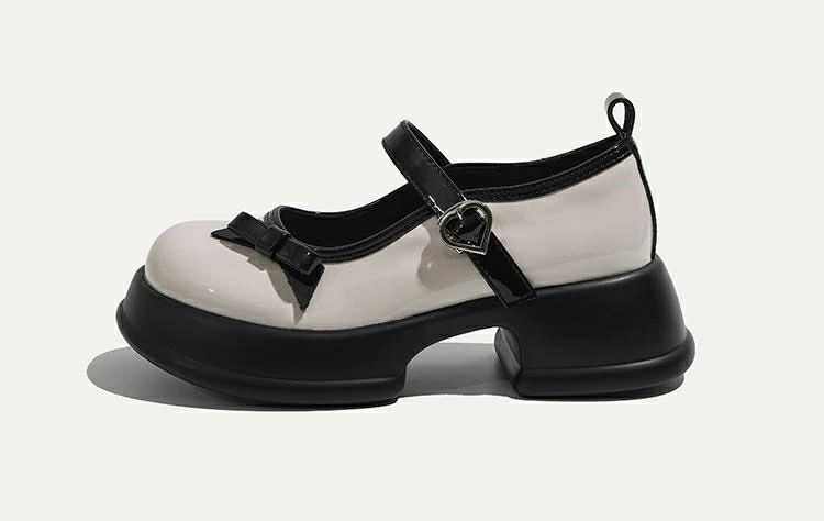 【セール】ストラップ パンプス 太ヒール 厚底 PUレザーメリージェーン靴 リボン 黒白 可愛い きれいめ 厚底靴 レディース 学生 卒業 発表会 女性用 個別調節