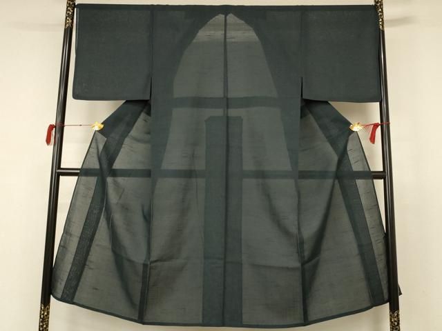 平和屋着物＊夏物 男性 紗紬 色無地 黒緑色 正絹 AABB6726jd