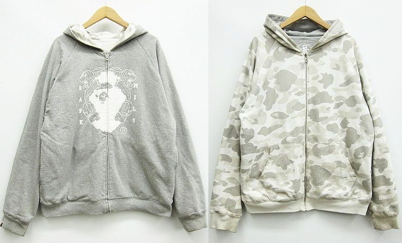 現状品 BAPE A BATHING APE アベイシングエイプ BAPE マイロ カモフラ リバーシブル パーカー グレー系 Lサイズ M0004-0428-3 3130