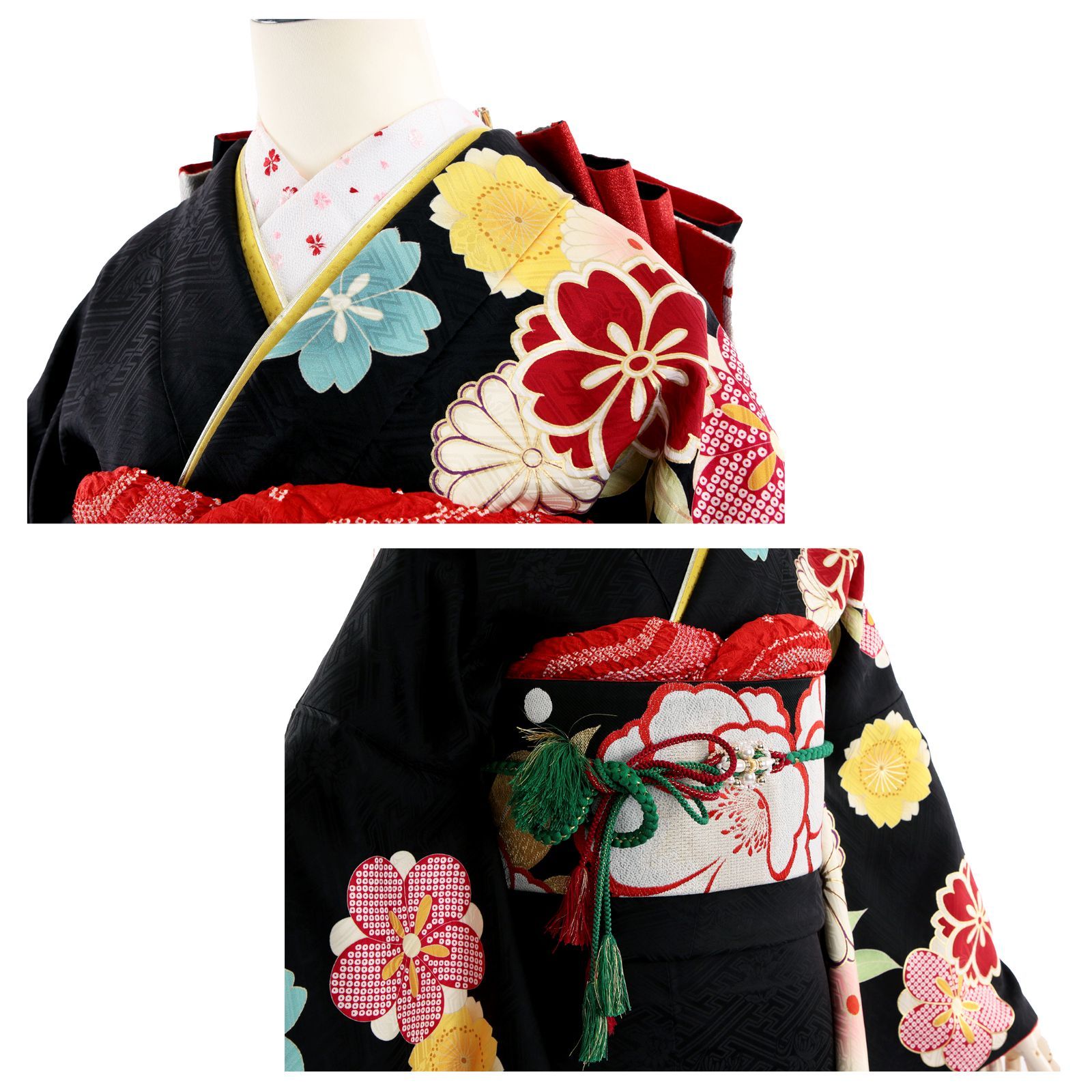 振袖 振袖フルセット 振袖セット USED振袖 中古 黒 レトロ シンプル 桜