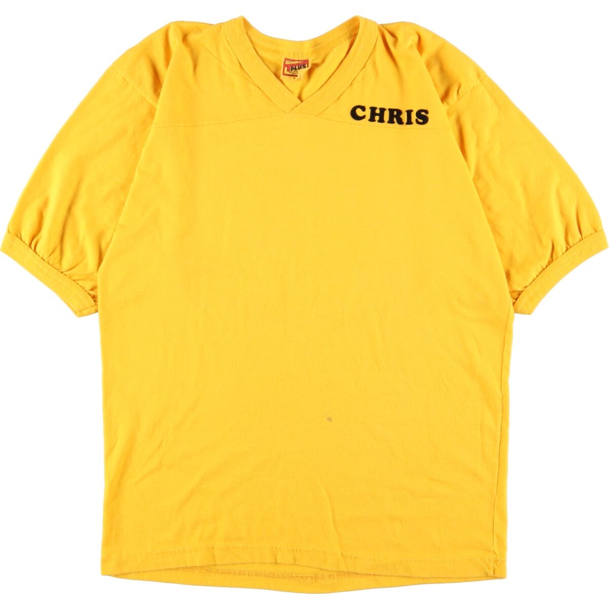古着 90年代 PLUS IRON MOIUNTAIN フロッキープリント 両面プリント Vネック フットボール五分袖Tシャツ USA製 メンズL/eaa347238