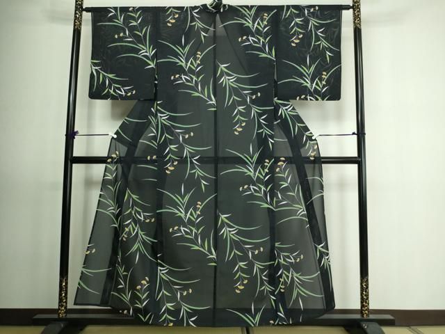 平和屋着物＊夏物 小紋 絽 枝葉文 黒地 洗える着物 CAAW3135ut