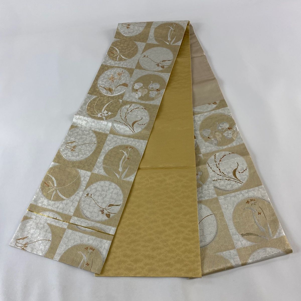 美品 袋帯 夏帯 夏 絽 アイボリー 葉文 観世水 金糸 銀糸長さ4ｍ29㎝正絹 美品 袋帯 夏帯 夏 絽 アイボリー 葉文 観世水 金糸 銀糸長さ