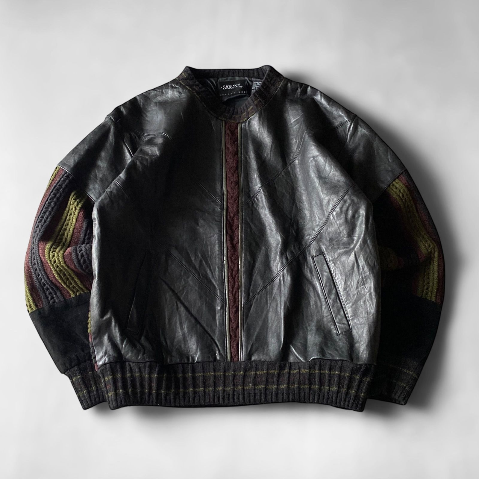 70's SAXONY スウェード レザー コンビ ニット ジャケット ベージュ