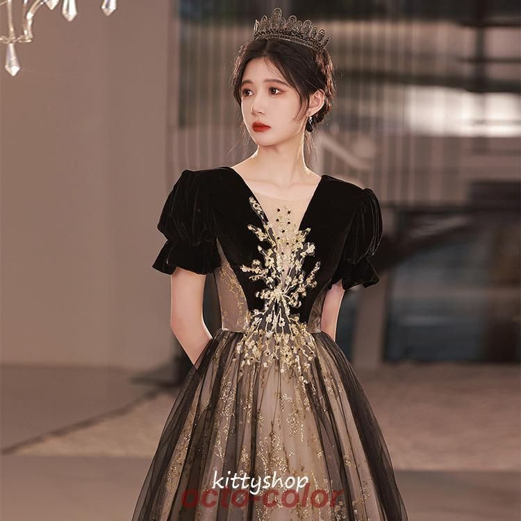 イブニングドレス 黒 ベロア ベルベット 発表会ドレス ロングドレス