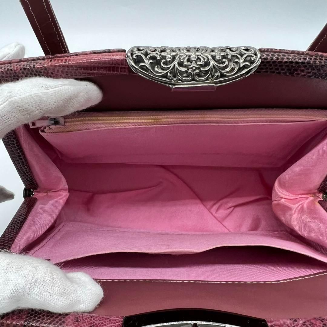 美品】Lizard skin リザード/口枠式/ボルドー系色/ハンドバッグ