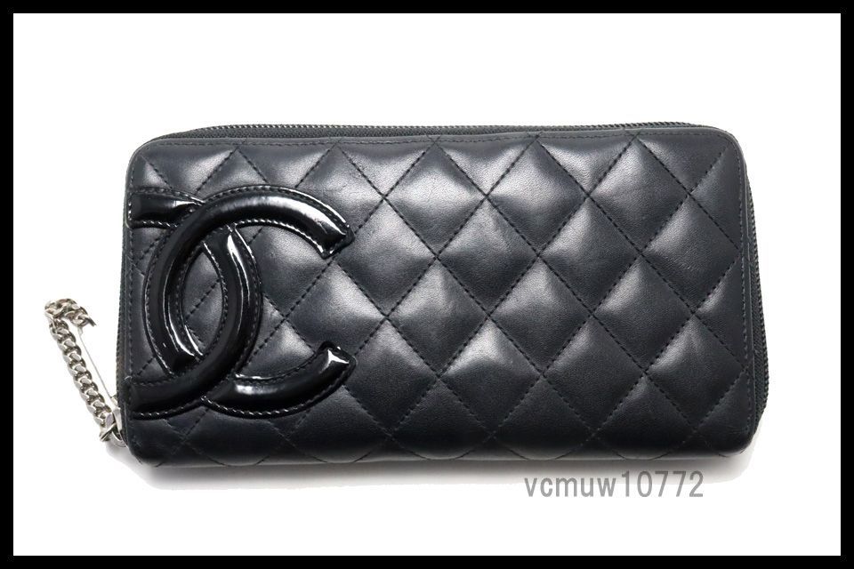 美 CHANEL 16番台 カンボンライン SV金具 レザー ラウンドファスナー 長財布 シャネル 0529qg38931