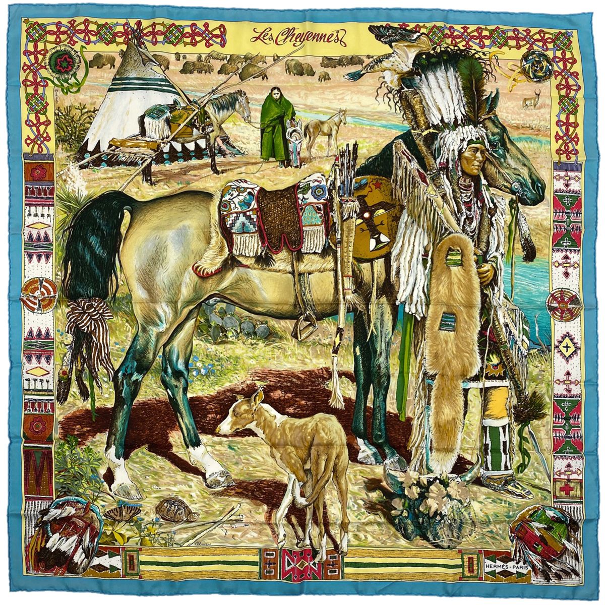 美品✨HERMESエルメス　シャイアン族　カレ90 ブルー 極美品 HERMES エルメス Les Cheyennes シャイアン族 カレ90 シルク