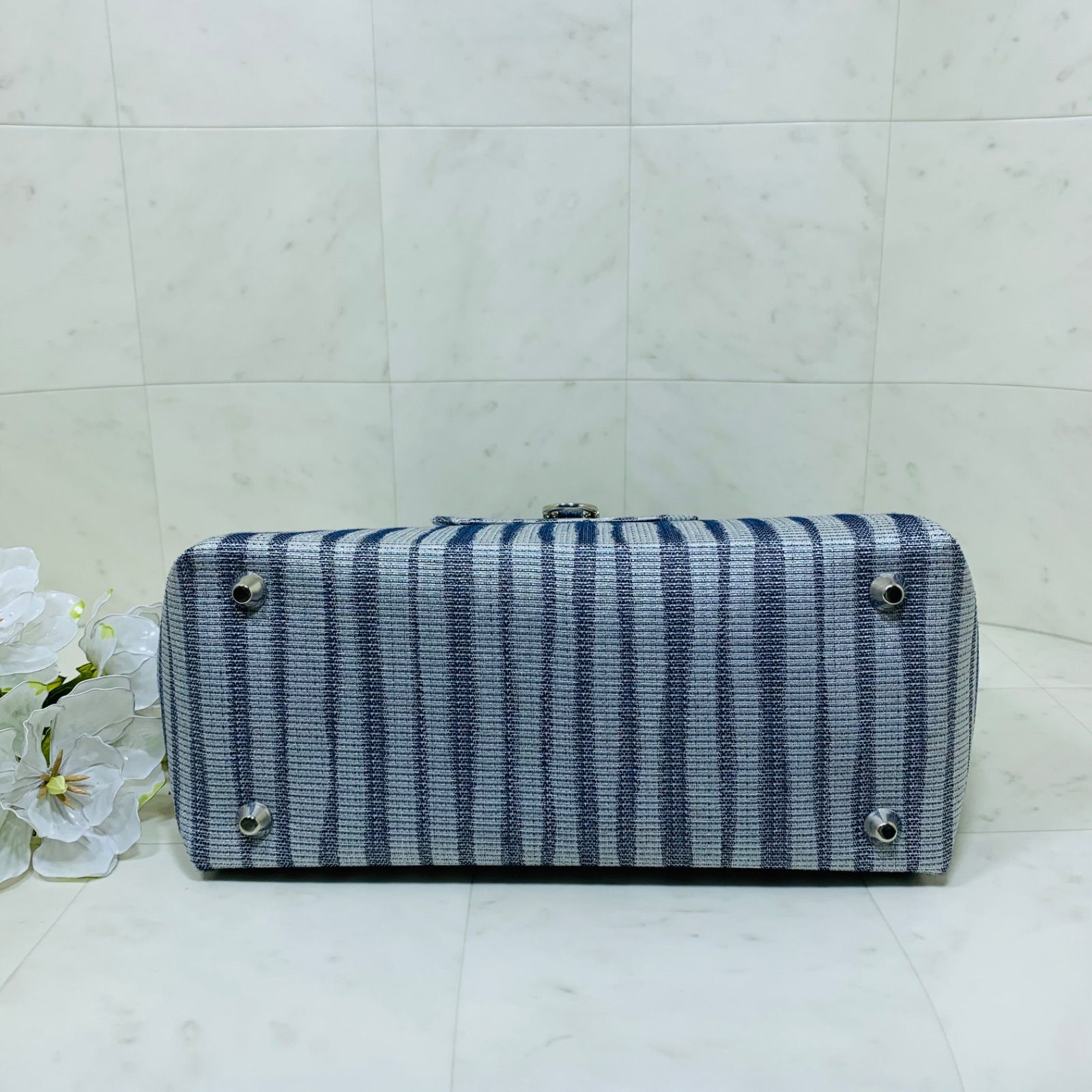 ハンドメイド　ハンドバッグ　蓋　ポケット付き　ブルー×グレー-4
