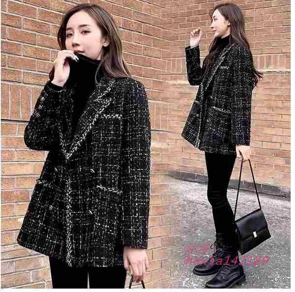 ダブルジャケット ツイード 上品 長袖 ブルゾン テーラード ブラック 大きいサイズ有り 通勤通学20代30代40代50代60代 ＳからＸＸＬ hax5a142189