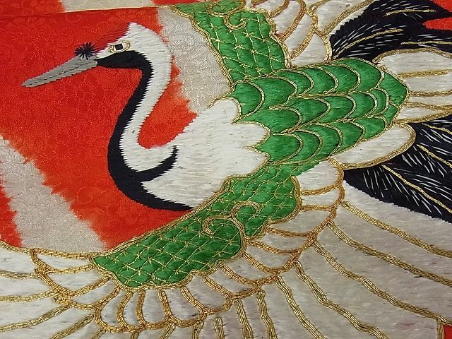 平和屋□希少 アンティーク 大正ロマン 夏物 振袖 絽 刺繍 鶴 松 立波 ...