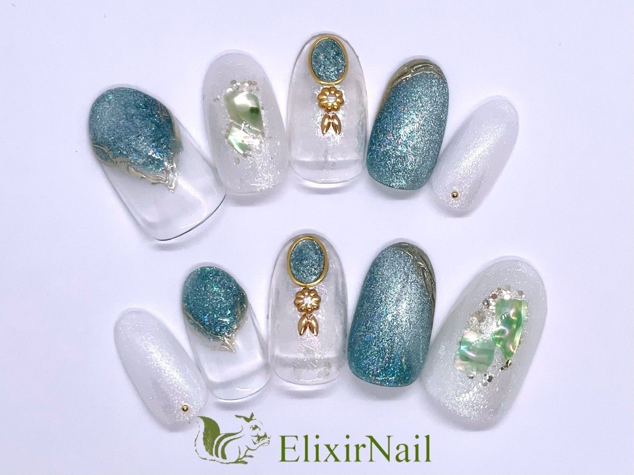 No.332　ネイルチップ　ジェルネイル　ニュアンス　キラキラ　マグネット 現品】ネイルチップ 青 緑 マグネット ニュアンス - メルカリ