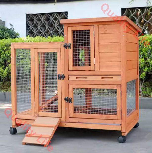 ウサギのケージ 2階建ての屋外用木製ウサギ小屋 4つの車輪とウサギのケージ 2階建ての屋外用木製ウサギ小屋 4つの車輪と漏れ防止トレイ付き 小型から中型の動物用の鶏小屋漏れ防止トレイ付き 小型から中型の動物用の鶏小屋