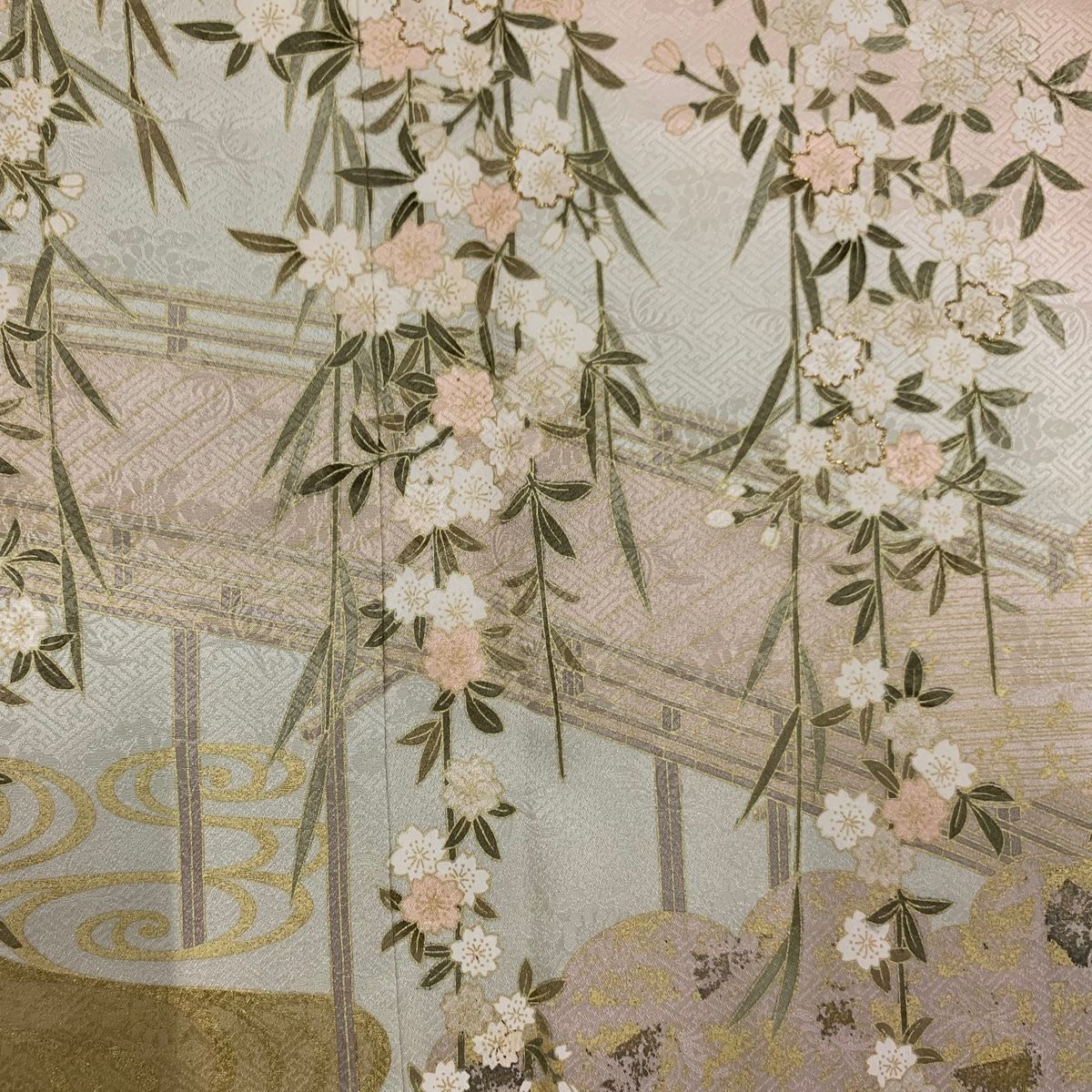 訪問着 身丈155cm 裄丈62.5cm S 袷 鈴乃屋 枝垂れ桜 橋 金糸 金彩 薄 