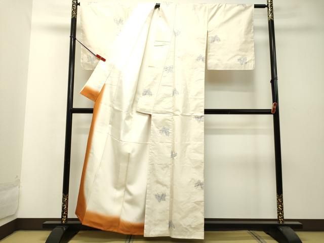 平和屋着物○本場大島紬 白大島 9マルキ 舞蝶文 証紙付き 正絹 逸品 未  