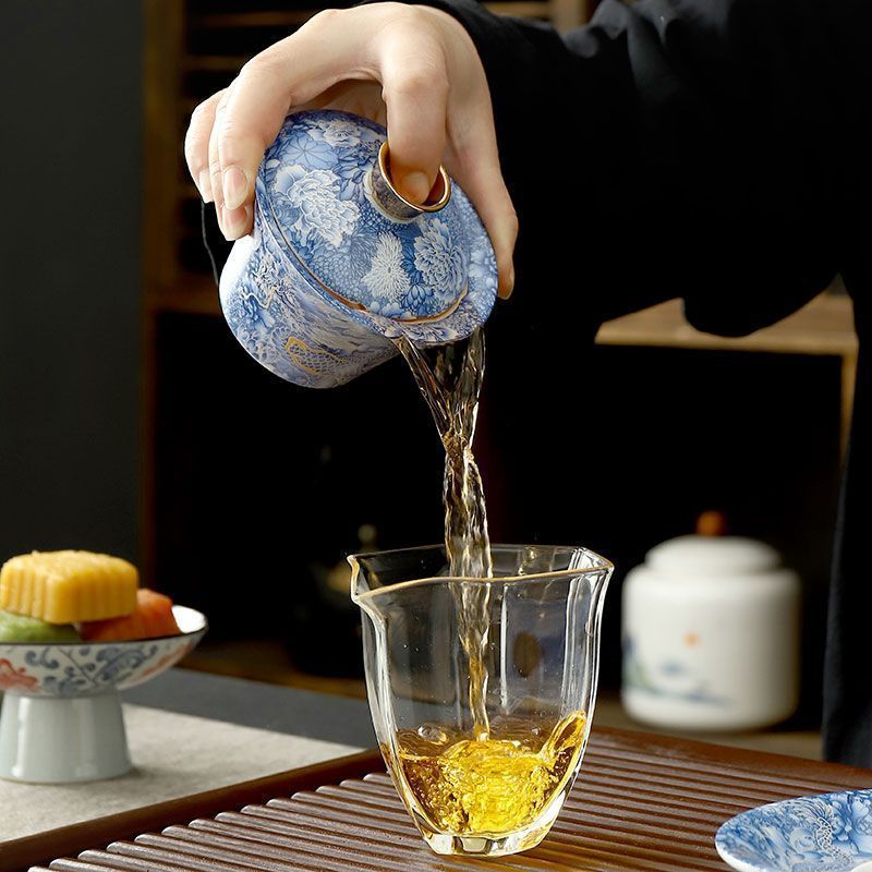 青花龍紋 三才蓋碗 蓋付き茶碗 高級陶器製 功夫茶器 家庭用