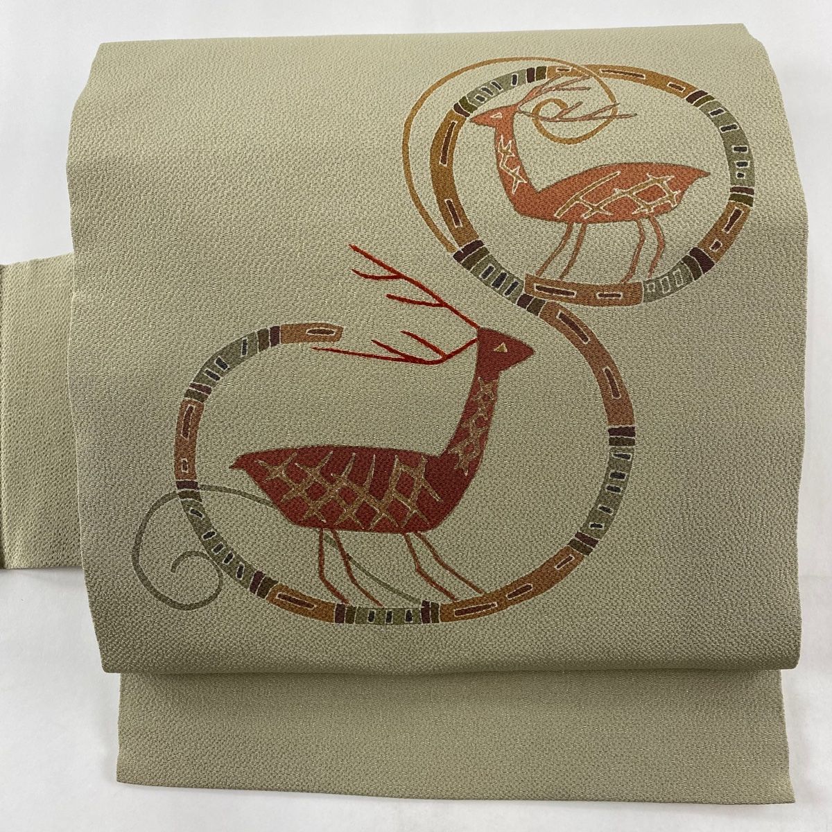名古屋帯 秀品 落款 鳥 笹 伊勢型染 縮緬 茶緑色 正絹 【中古 