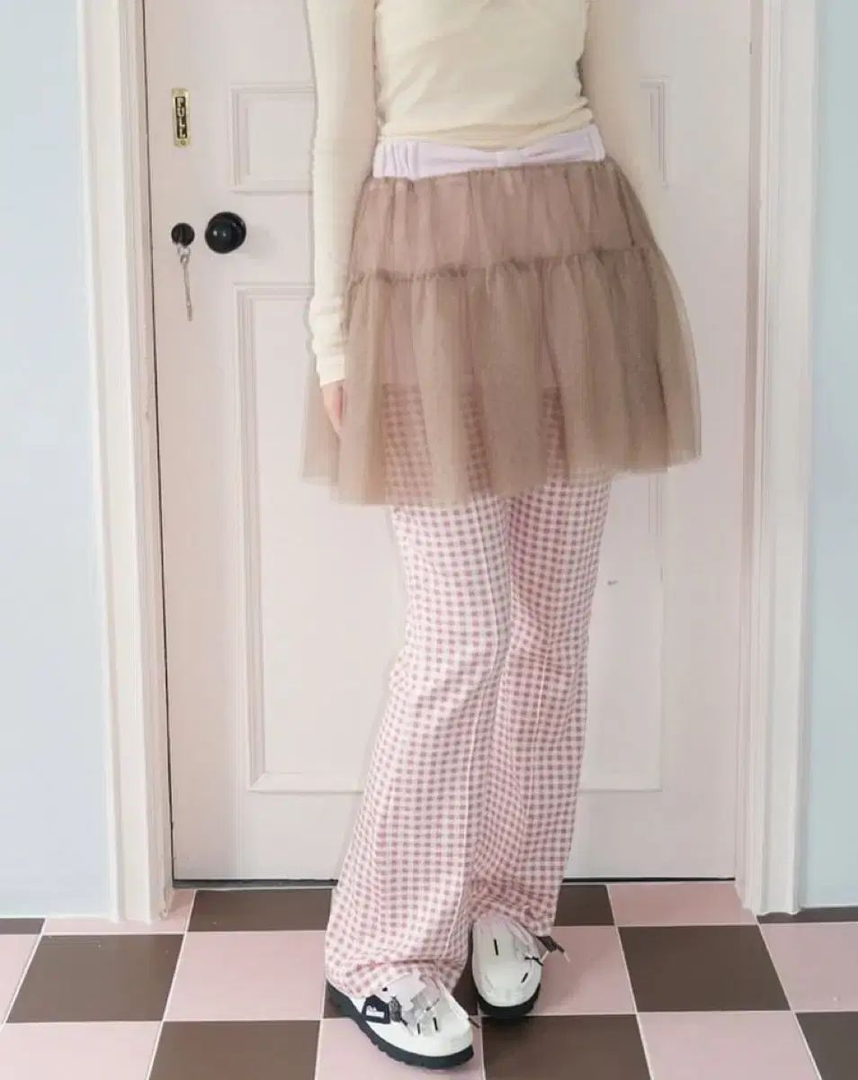 チュール ギンガム ブーツカットパンツ ヴィンテージ ローズ