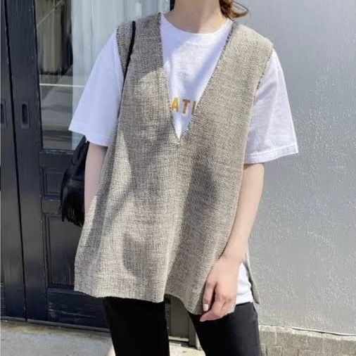 spickandspan スピックアンドスパン リネンツイードベスト ノースリーブ 23年製 スリット リネン70％ ベージュ レディース 夏 ゴーゴー古着マルイ草加店537