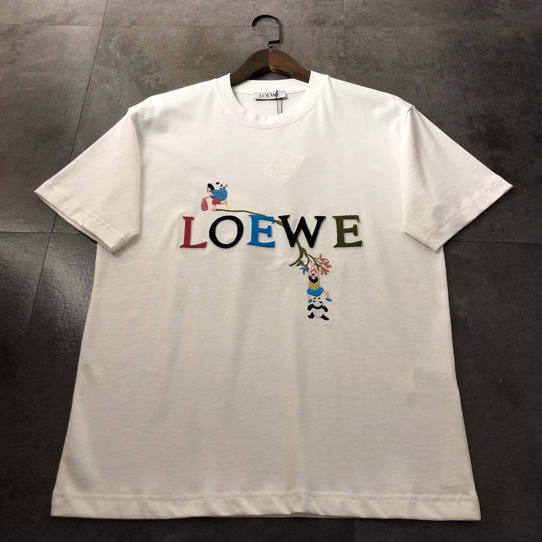 LOEWE インターネットセレブスター同風カラフル文字+パンダ刺繍クラフト半袖Tシャツ 男女兼用