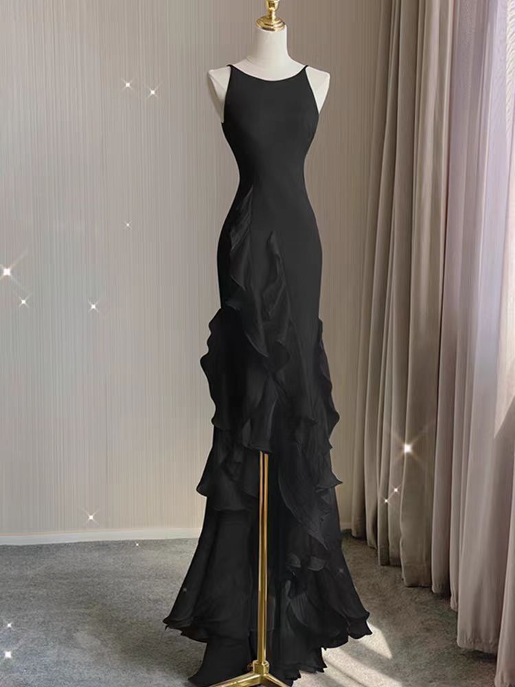 ワンピース キャミソール フリル ロングワンピース 無地 パーティードレス ロング丈 ノースリーブ ブラック 結婚式 二次会 0744